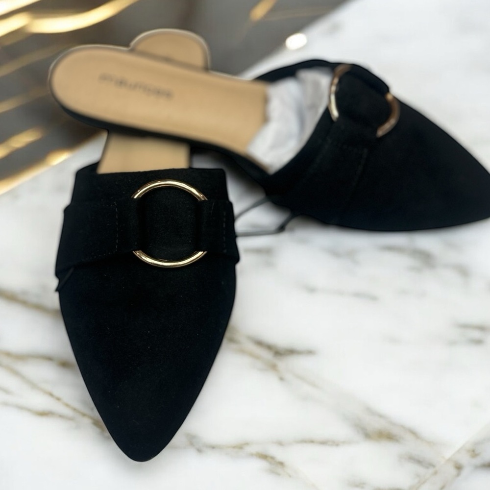 Maurices Flats size 8 Slip On Mules Black Suede Gold Buckle Style Natalie
